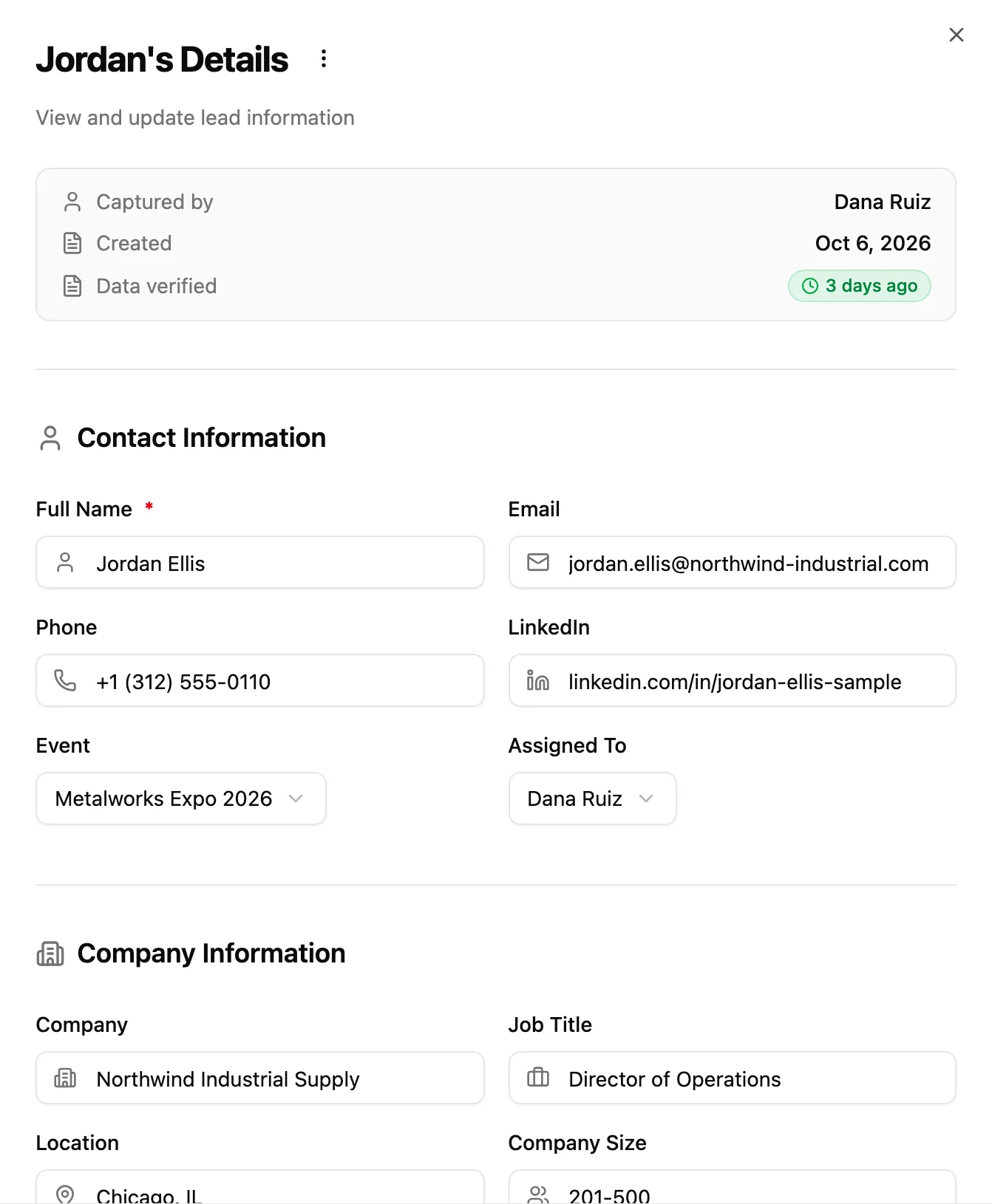Jordan Ellis's details: captured by Dana Ruiz on Oct 6, data verified, with email, phone, LinkedIn, the event, the assigned rep, company, job title, location and company size