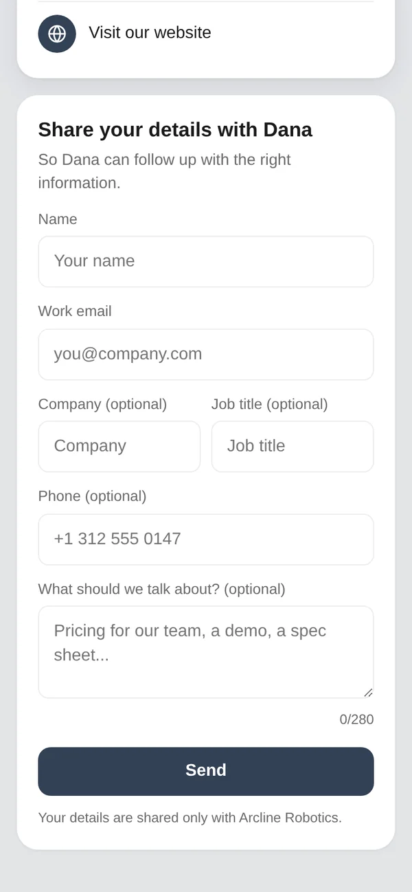 The lower half of the card page: Share your details with Dana, with fields for name, work email, company, job title, phone and what to talk about, and a Send button