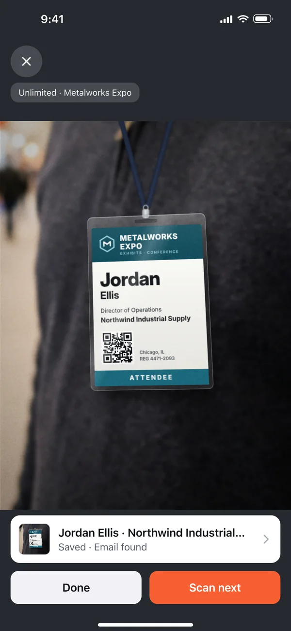 After the photo, a strip at the bottom of the camera reads: Jordan Ellis, Northwind Industrial Supply. Saved, email found.